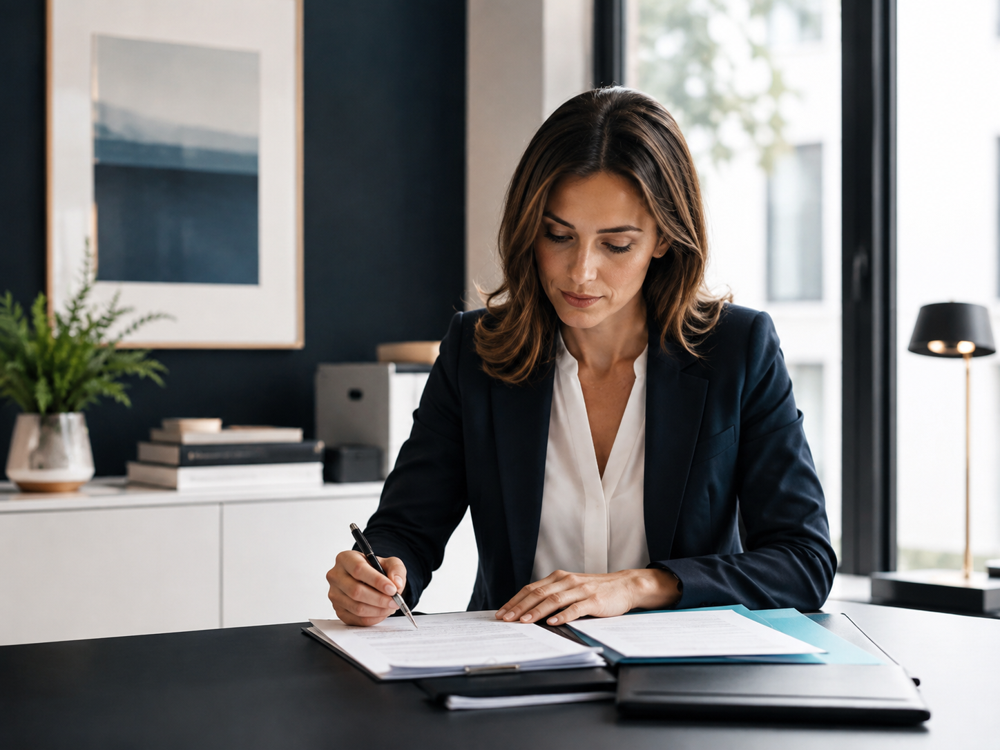 Qualified solicitor reviewing legal papers in a modern office.