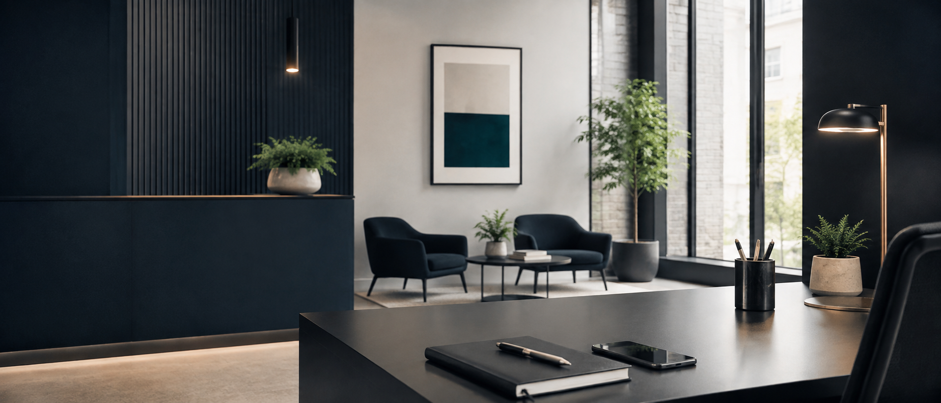 Modern professional office reception and consultation environment.