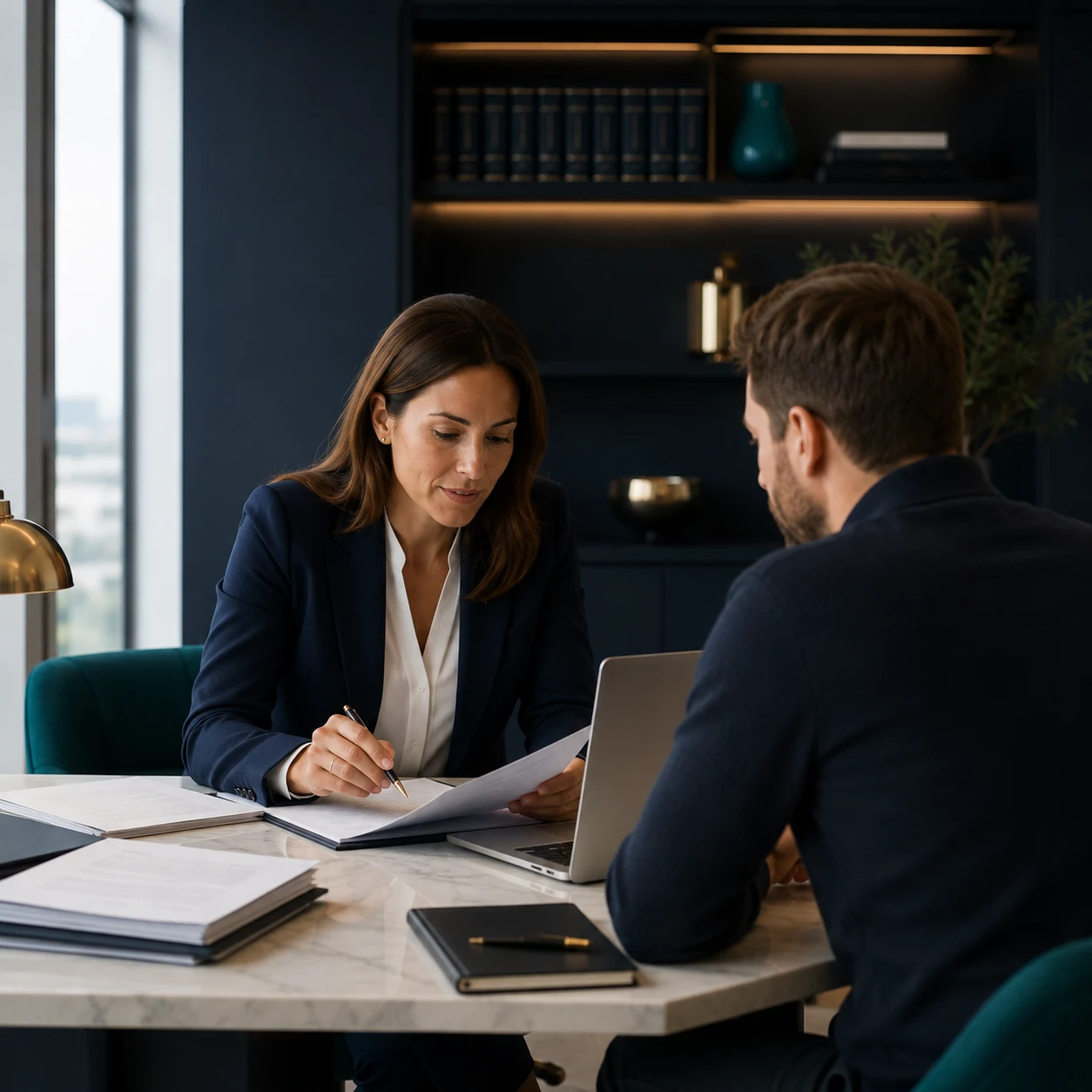 A legal adviser reviewing dispute documents with a client.