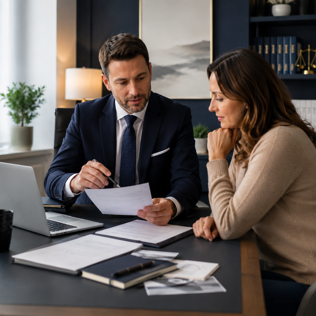 Qualified solicitor reviewing legal papers in a modern office.