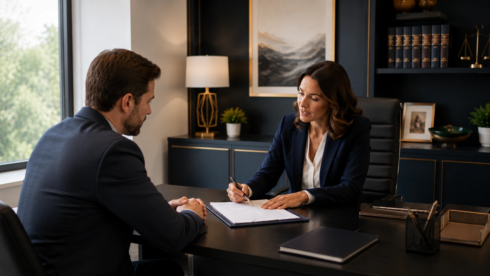 Wide-format professional office consultation scene with adviser and clients.