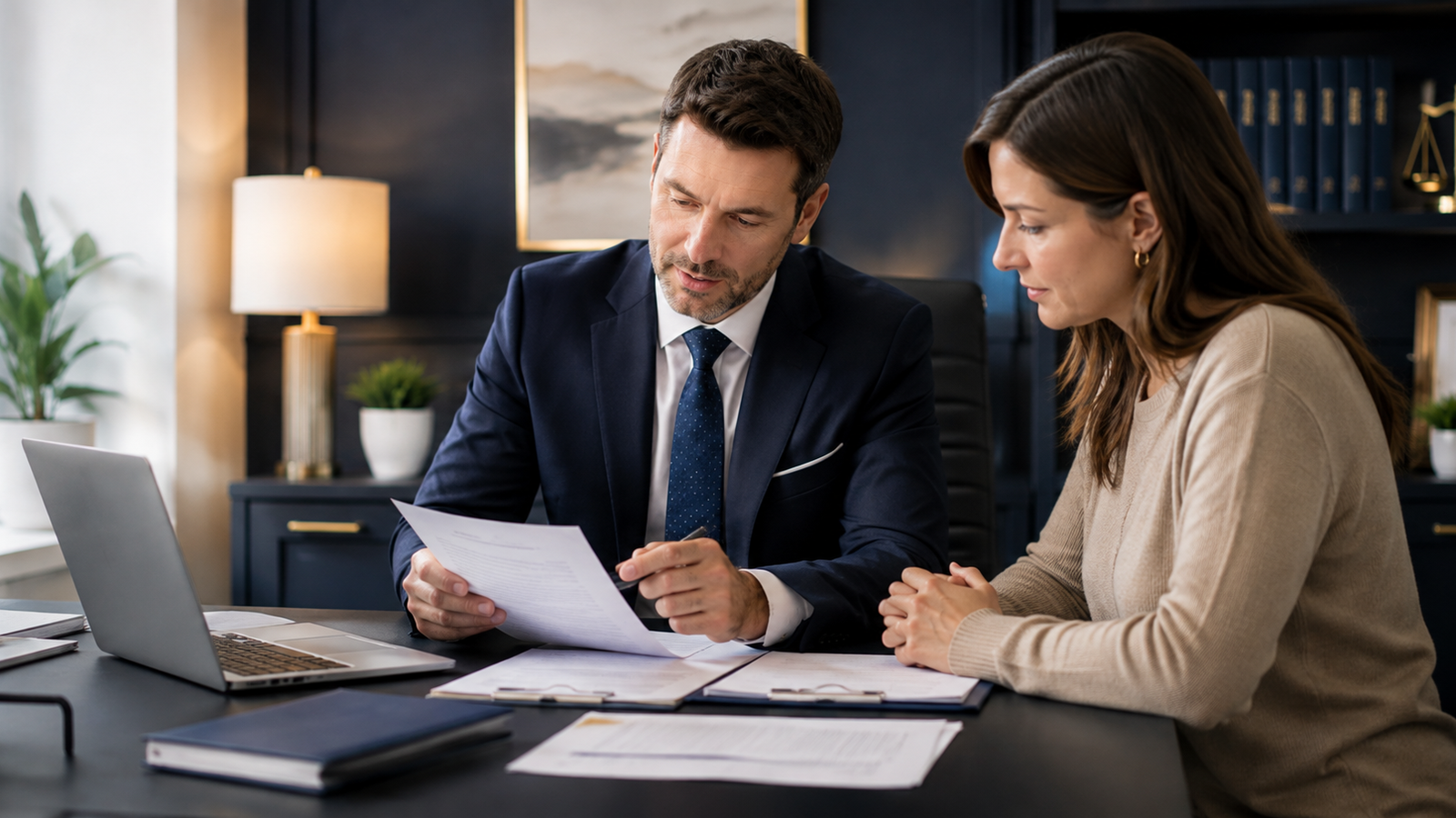 Solicitor taking notes during a client meeting.