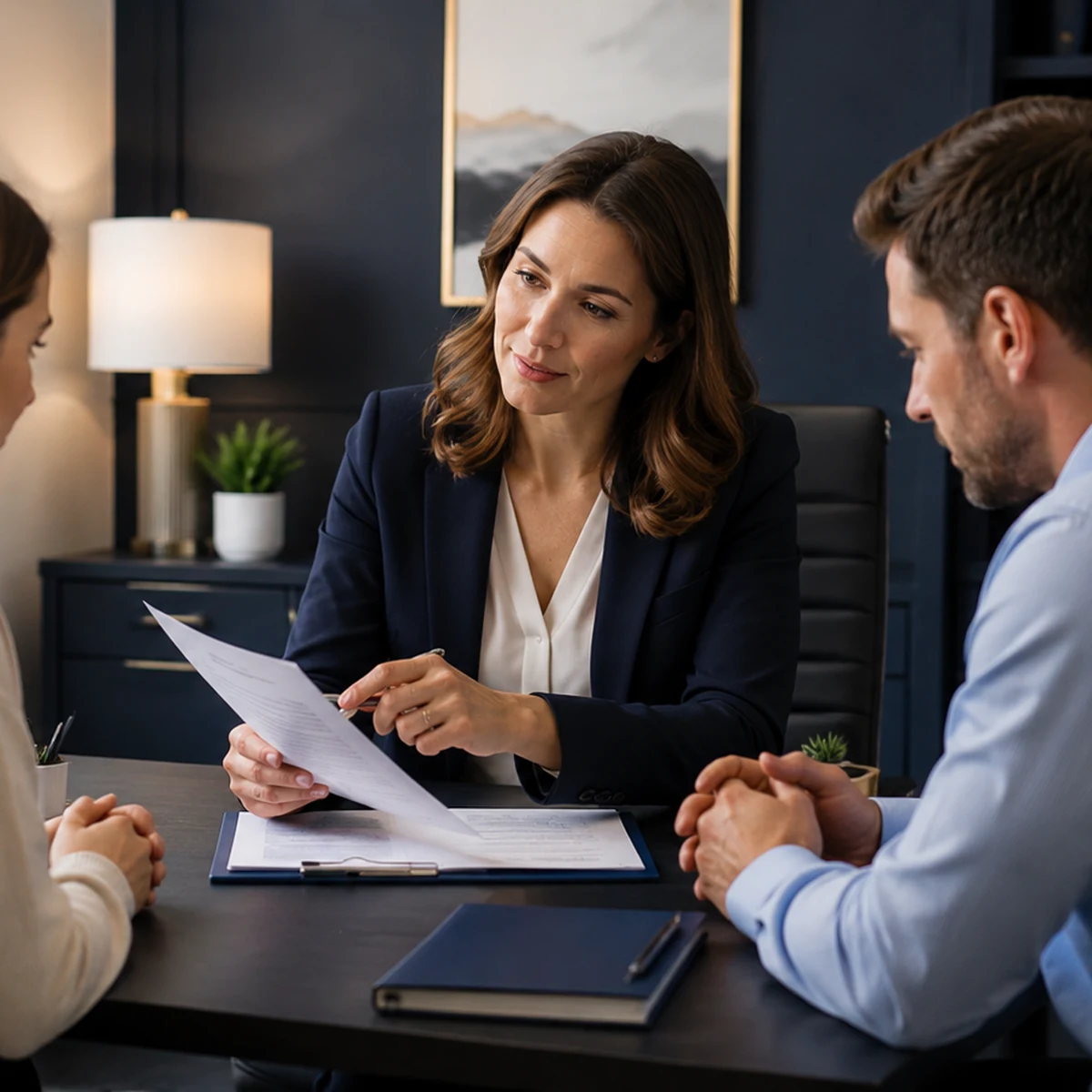 A legal adviser meeting a couple about a family, divorce or relationship matter.